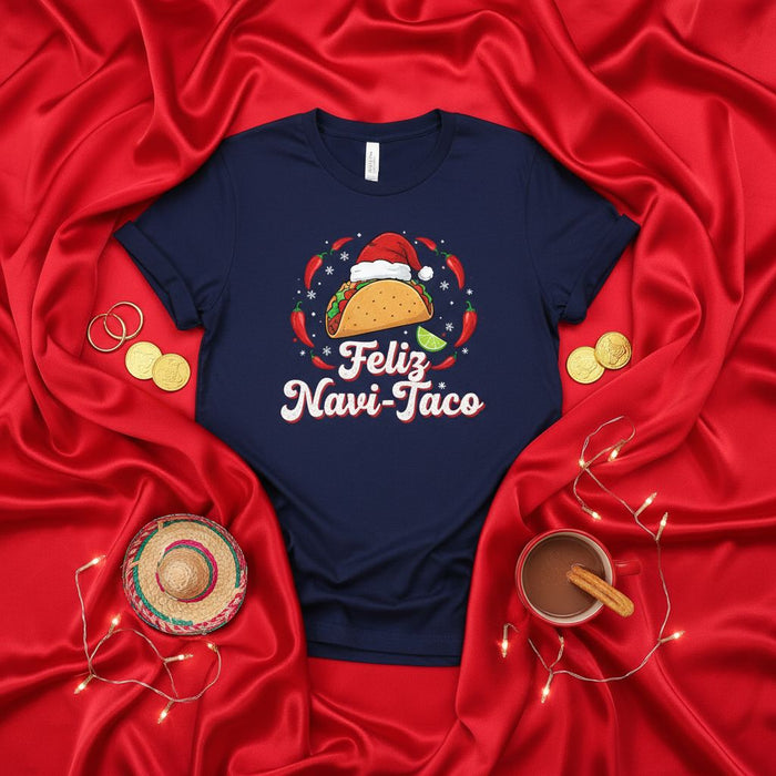 Feliz Navi-Taco Christmas Shirt Funny Taco Santa Hat Holiday Tee Merry Xmas Gift Mexican Food Fiesta Unisex Graphic T-Shirt Apparel