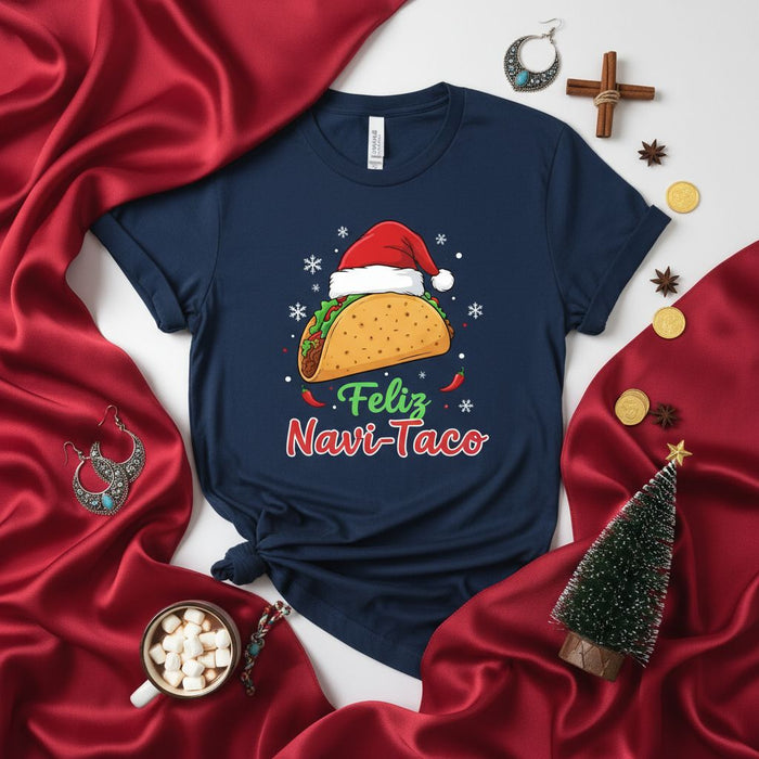 Feliz Navi-Taco Christmas Shirt, Funny Taco Santa Hat Unisex Tee, Holiday Party Food Pun T-Shirt, Fiesta Navidad Gift Idea