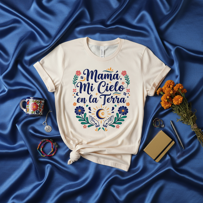 Mamá Mi Cielo en la Tierra T-Shirt, Mother's Day Gift for Mom, Floral Mexican Folk Art Tee, Celestial Sun Moon Hands Design, Spanish Quote Shirt, Día de las Madres T-shirt, Unisex Jersey Short Sleeve Top