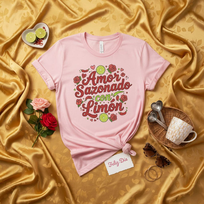 Maglietta Amor Sazonado con Limón, T-shirt con citazione spagnola, Amore condito con lime, Maglietta grafica divertente per amanti del cibo, Design rose e peperoncini, Top unisex rosa, Regalo San Valentino o Festa della Mamma