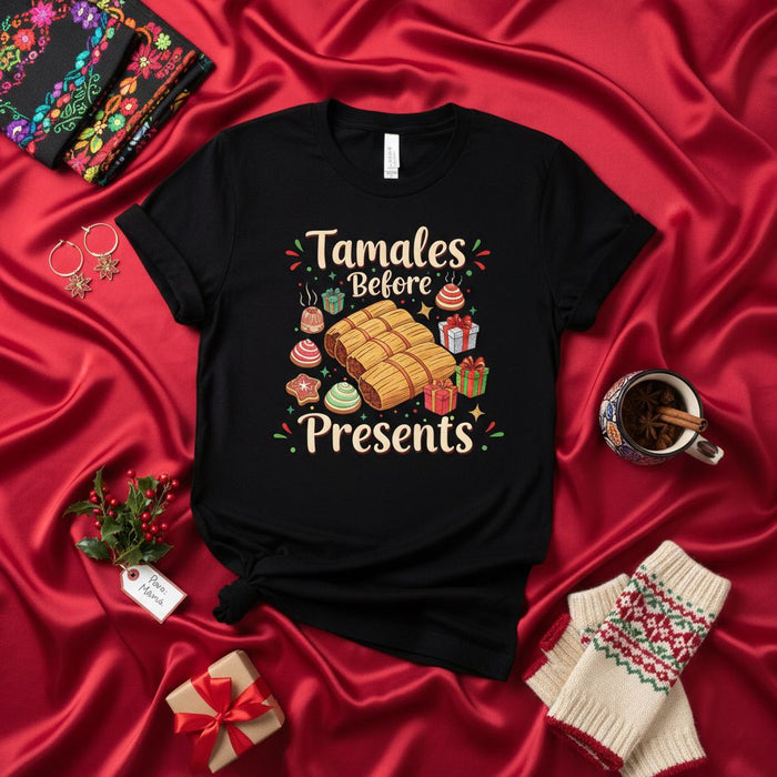 Tamales Before Presents Christmas T-Shirt, Funny Holiday Tamale Shirt, Festive Mexican Food Tee, Family Navidad Gift, Cookie and Gift Box Graphic Shirt, Xmas Celebration Apparel for Men and Women