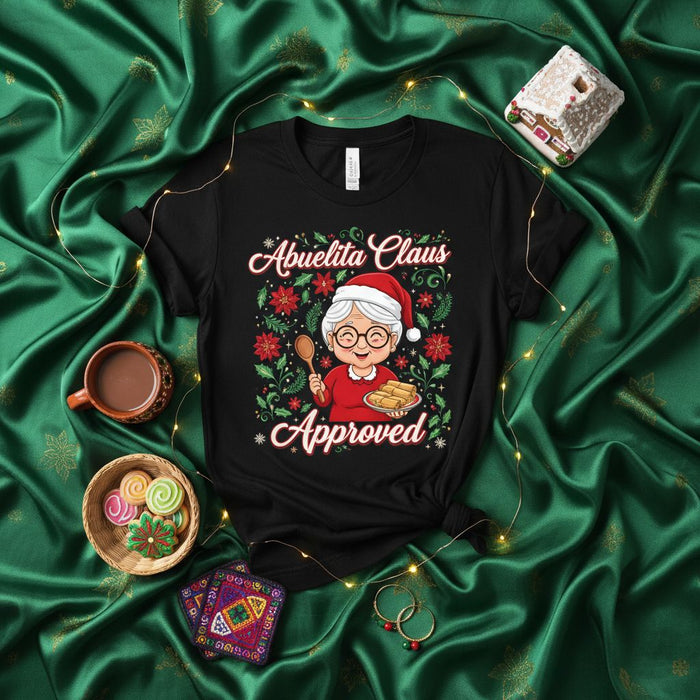 Camiseta Aprobada por Abuelita Claus con Gráfico de Tamales y Sombrero de Santa, Regalo Navideño Gracioso para Abuela, Camisa Unisex de Flores Festivas