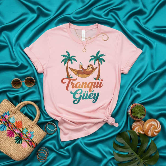 Tranqui Güey Sloth on Hammock T-Shirt, Relaxed Sloth Drinking Tropical Drink, Funny Mexican Spanish Phrase Vacation Tee, Palm Trees Summer Beach Shirt