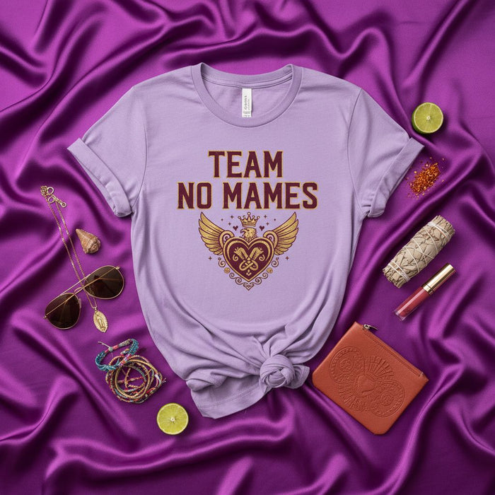 TEAM NO MAMES T-Shirt Unisex, Funny Mexican Slang Tee, Latino Heart Crest with Wings Graphic, Spanish Saying Shirt, Casual Statement Top, Gift for Friend, Purple Lavender Short Sleeve.