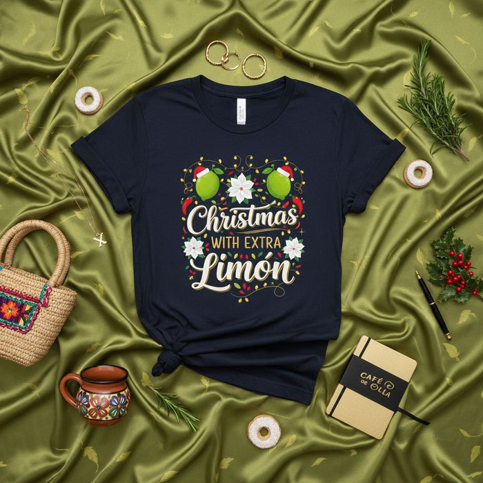 Christmas with Extra Limón T-Shirt | Funny Holiday Poinsettia Lights Graphic Tee | Mexican Christmas Fiesta Humor Shirt | Unisex Navy Blue Lemon Lime Santa Hat Top