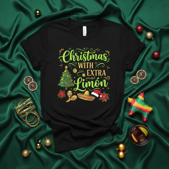 Christmas with Extra Limón T-Shirt Funny Mexican Fiesta Holiday Tee Unisex Navidad Gift Sombrero Maracas Poinsettia Xmas Party Shirt