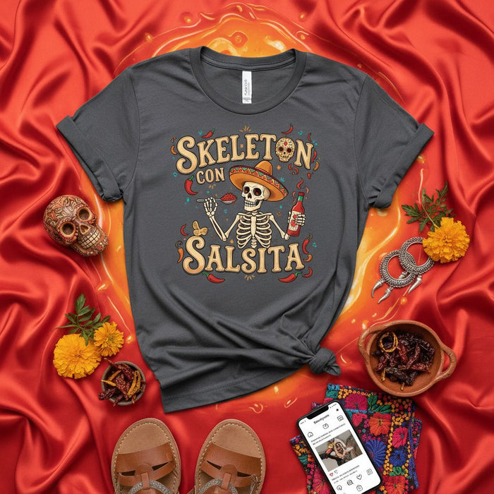 Skeleton con Salsita Spicy Dia de Muertos T-Shirt, Hot Sauce Skeleton with Sombrero Halloween Costume, Funny Calavera Day of the Dead Shirt, Mexican Food Lover Gift Tee