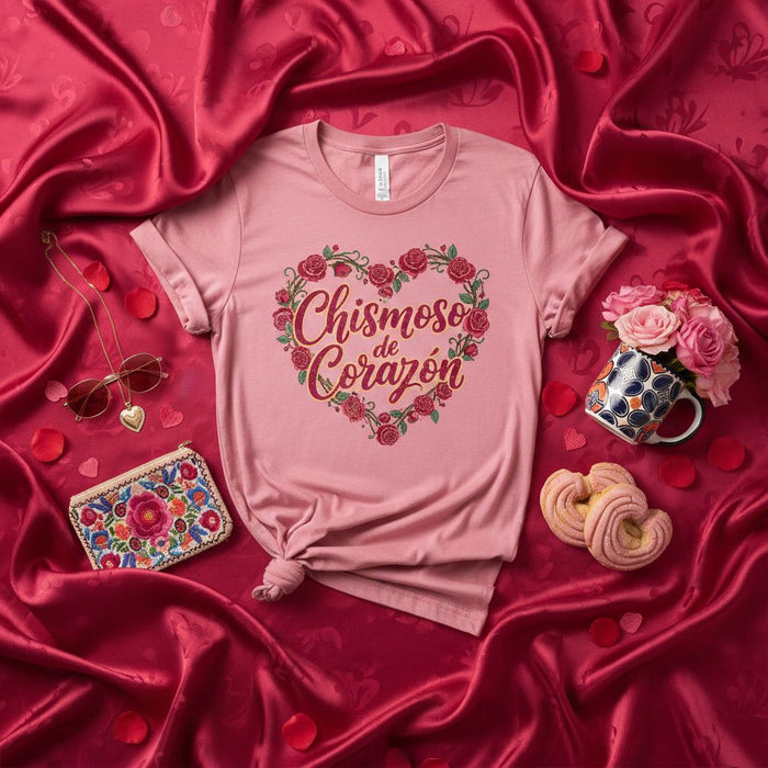 Chismoso de Corazón T-Shirt, Funny Spanish Gossip Tee, Pink Floral Heart Graphic Shirt, Latino Valentine's Day Gift, Cute Latina Apparel, Mexico Inspired Design Shirt