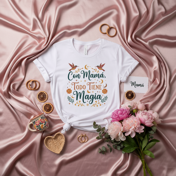Con Mamá Todo Tiene Magia T-Shirt, Camiseta de Día de la Madre, Regalo para Mamá, Blusa Unisex de Diseño Floral con Pájaros, Camisa Personalizada en Español, Ropa para Celebrar a Mamá
