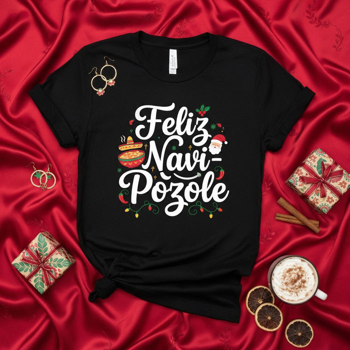 Feliz Navi-Pozole T-Shirt Christmas Holiday Tee with Santa Hat and Tamale Graphic, Funny Spanish Christmas Shirt Gift Idea for Pozole Lovers and Foodies