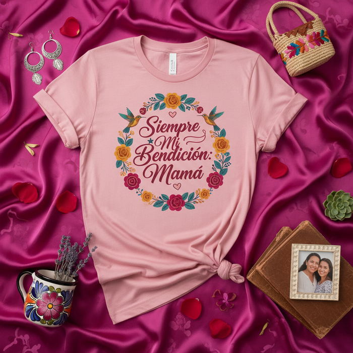 Siempre Mi Bendición Mamá T-Shirt | Spanish Mother's Day Gift Tee | Floral Wreath Hummingbird Design | Regalo para Mamá | Camiseta para el Día de las Madres | Pink Unisex Shirt