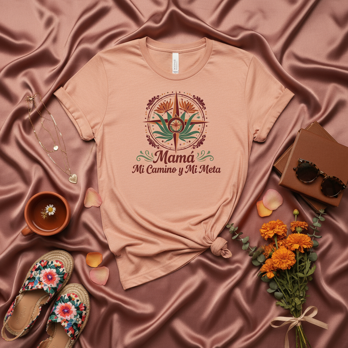 Mamá Mi Camino y Mi Meta T-Shirt | Spanish Mother's Day Shirt with Compass & Bird of Paradise Flower Graphic | Regalo para Mamá | Naranja Suave Unisex Tee