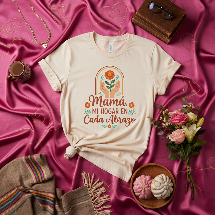 Mamá Mi Hogar En Cada Abrazo T-Shirt, Camiseta Unisex con Frase en Español para Día de las Madres, Regalo de Amor y Aprecio Floral, Diseño Estético Retro, Ropa con Mensaje para Mamá, Moda Casual