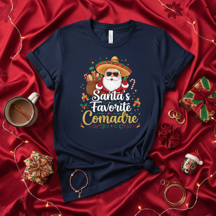 Santa's Favorite Comadre T-Shirt, Funny Mexican Christmas Fiesta Tee, Sombrero Santa Claus, Navidad Shirt Gift for Godmother or Friend, Xmas Party Top