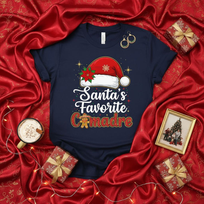 Santa's Favorite Comadre T-Shirt, Christmas Godmother Gift, Latina Xmas Tee, Funny Holiday Shirt, Poinsettia Santa Hat, Plaid Gingerbread Man, Spanish Godmother Present
