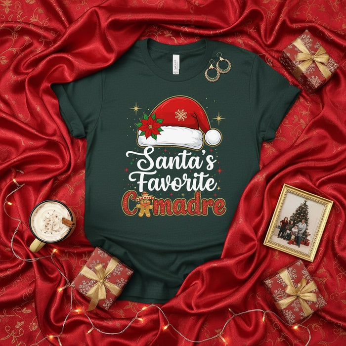 Santa's Favorite Comadre T-Shirt, Christmas Godmother Gift, Latina Xmas Tee, Funny Holiday Shirt, Poinsettia Santa Hat, Plaid Gingerbread Man, Spanish Godmother Present