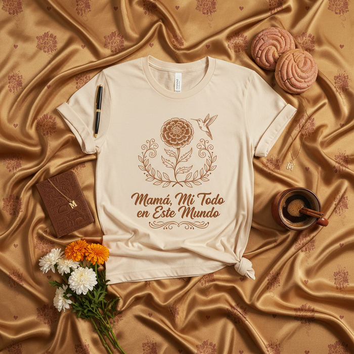 Mamá, Mi Todo en Este Mundo T-Shirt, Hummingbird Marigold Flower Tee, Regalo para Mamá, Día de las Madres, Mother's Day Gift, Spanish Mother Shirt, Camiseta Española, Beige Unisex T-Shirt