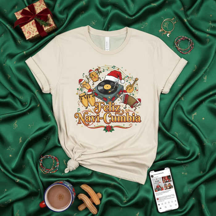 Feliz Navi-Cumbia Christmas T-Shirt, Cumbia Record Player and Musical Instruments Tee, Festive Holiday Party Shirt, Spanish Christmas Music Top, Santa Hat DJ Turntable Graphic