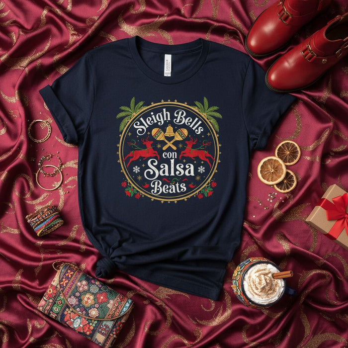 Sleigh Bells con Salsa Beats Shirt, Funny Christmas Dance Tee, Holiday Party Top, Xmas Reindeer Maracas Palm Tree Graphic T-Shirt, Latin Music Lover Gift, Unisex Festive Apparel