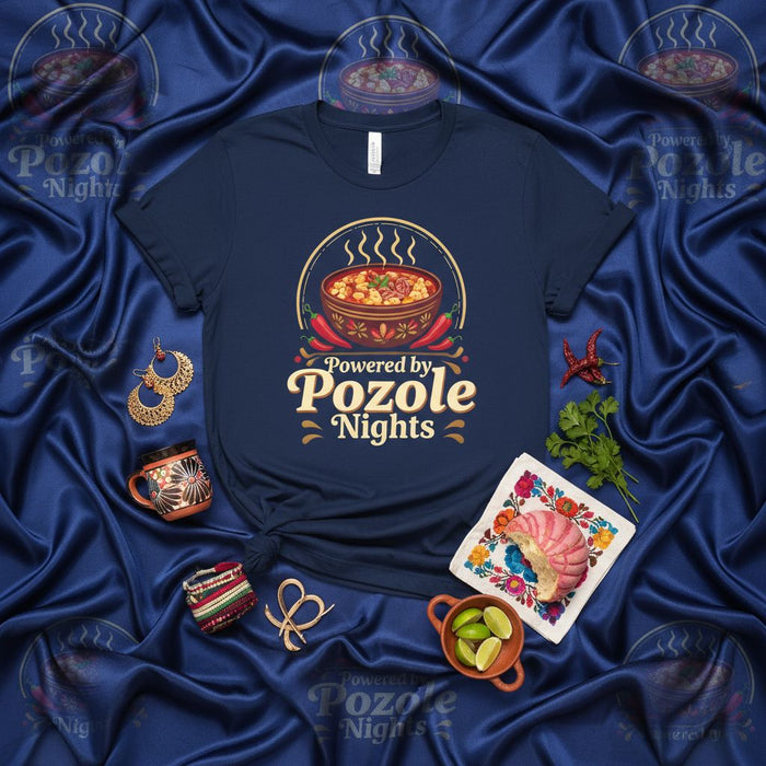 Powered by Pozole Nights T-Shirt: Cozy Mexican Food Tee, Pozole Bowl Chili Peppers Design, Unisex Casual Comfort Shirt for Soup Lovers, Hispanic Culture Apparel Gift