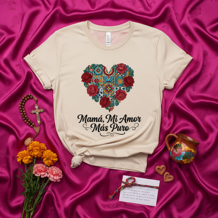 Mamá, Mi Amor Más Puro T-Shirt, Mexican Talavera Heart & Red Roses Tee, Mother's Day Gift for Mom, Floral Love Graphic Shirt, Spanish Phrase Top, Cultural Inspired Apparel