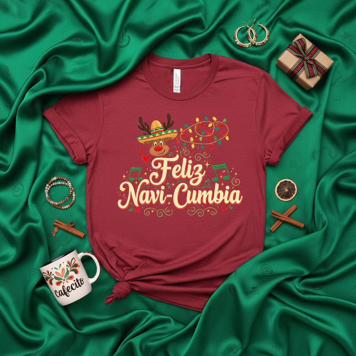 Feliz Navi-Cumbia Christmas T-Shirt, Reindeer Sombrero Maraca Lights Tee, Funny Hispanic Holiday Shirt, Navidad Fiesta Cumbia Music Gift for Her Him