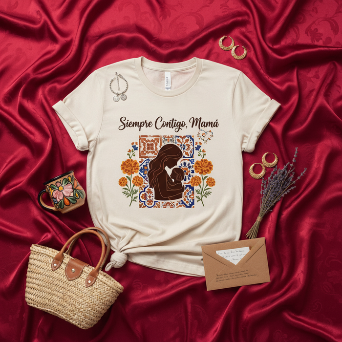 Siempre Contigo, Mamá Shirt, Mother and Baby Silhouette Tee, Mexican Talavera Tile Floral Design, Mother's Day Gift, Spanish Phrase T-Shirt, Motherhood Celebration Apparel