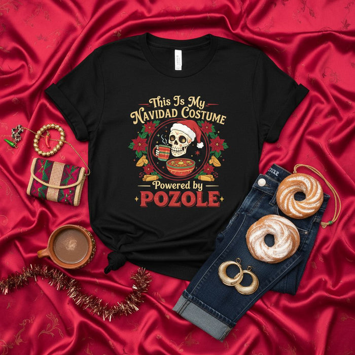 This Is My Navidad Costume Powered by Pozole Shirt, Funny Christmas Skull Tee, Mexican Food Holiday T-Shirt, Unisex Dia De Muertos Fiesta Apparel