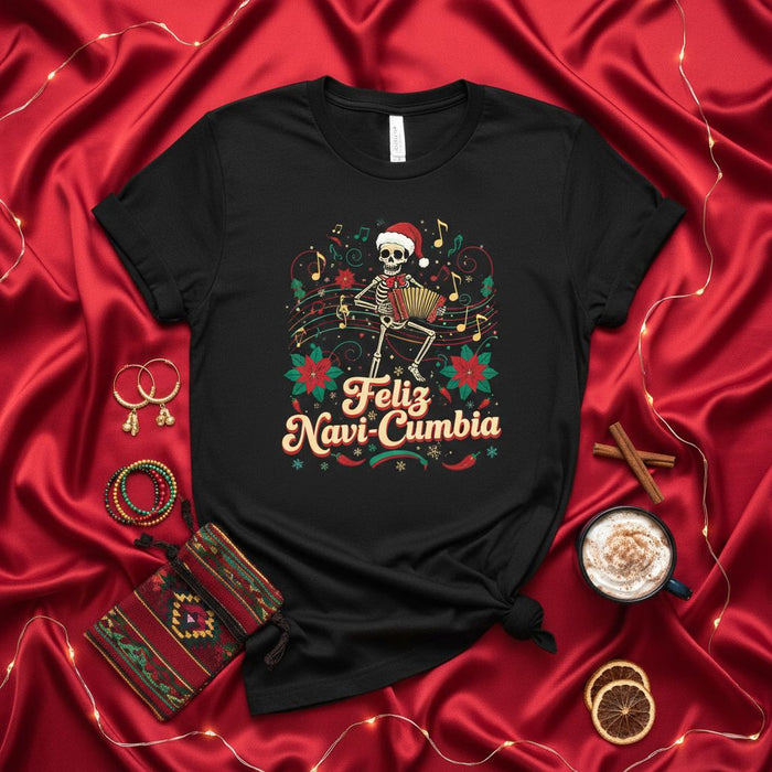 Feliz Navi-Cumbia Skeleton Accordion Christmas T-Shirt Unisex Holiday Music Tee with Santa Hat and Poinsettias Funny Latin Dance Graphic Shirt