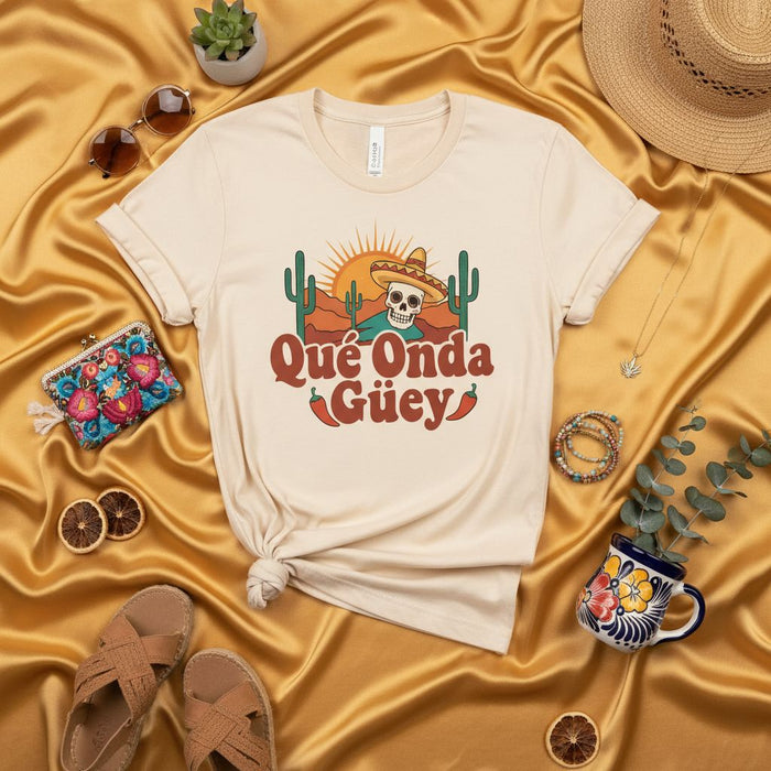 Qué Onda Güey Shirt, Retro Mexico Desert Sunset Skull T-Shirt, Funny Spanish Slang Tee, Cactus Southwestern Graphic Unisex Top for Fiesta or Cinco de Mayo