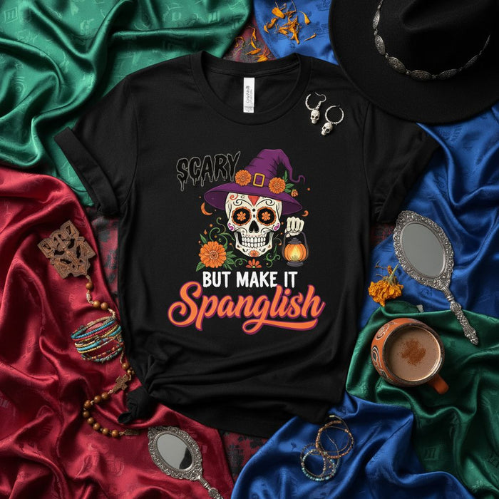 Scary But Make It Spanglish T-Shirt, Sugar Skull Witch with Lantern, Day of the Dead Dia de Muertos Halloween Tee, Unisex Calavera Floral Graphic Shirt for Men Women