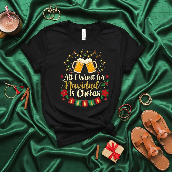All I Want for Navidad Is Chelas Funny Beer Christmas T-Shirt, Holiday Drinking Tee with Mugs, Lights, and Spanish Phrase Festive Party Shirt, Xmas Gift for Beer Lovers, Unisex Adult Top