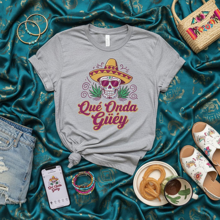 Qué Onda Güey Skull Sombrero Mexican Slang T-Shirt Unisex Cinco de Mayo Fiesta Party Tee Latin Culture Gift for Men Women