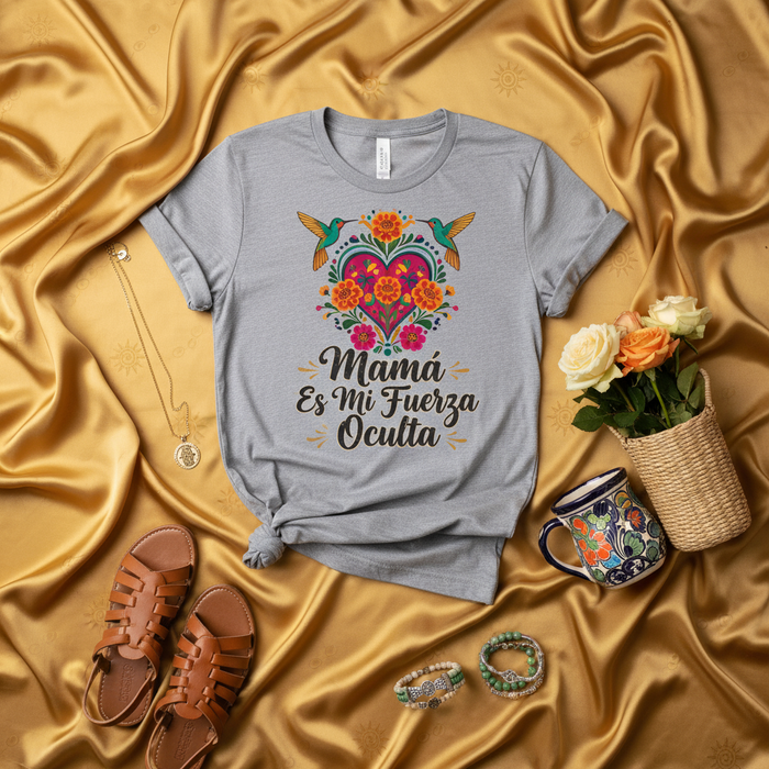 Mamá Es Mi Fuerza Oculta Hummingbird Floral Heart T-Shirt | Spanish Mom Mother's Day Gift Tee | Folk Art Style Latina Mama Shirt for Women