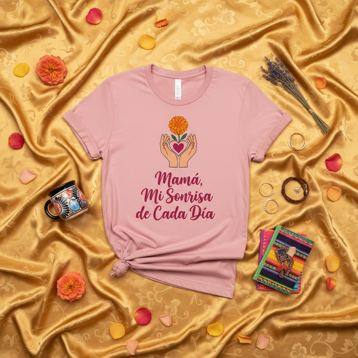 Mamá, Mi Sonrisa de Cada Día T-Shirt, Día de las Madres Regalo, Spanish Mother's Day Gift Tee, Corazón y Flor, Amor de Madre Playera, Camiseta para Mamá Latina, Regalo para Abuela, Pink Unisex Shirt