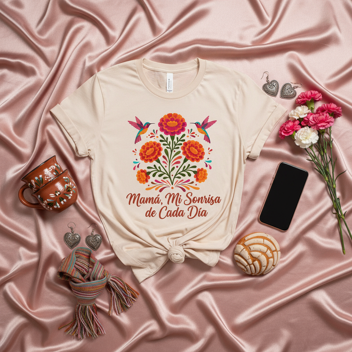 Mamá, Mi Sonrisa de Cada Día Mexican Floral Mother's Day T-Shirt, Hummingbird Folk Art Tee, Spanish Mom Gift, Latina Mama Shirt, Cute Concha and Coffee Mug Photo Prop