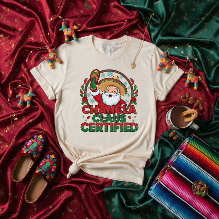 CHANGCLA CLAUS CERTIFIED Mexican Christmas Chancla Santa Shirt, Festive Funny Holiday T-Shirt, Fiesta Navidad, Hispanic Culture Gift, Unisex Tee