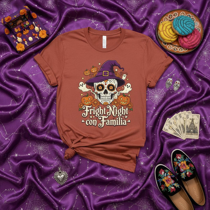 Noche de miedo con Familia Bruja Calavera de Azúcar Camiseta de Halloween, Estampado Calavera y Fantasma Día de Muertos, Camiseta Unisex Otoñal de Calabaza y Sombrero de Bruja