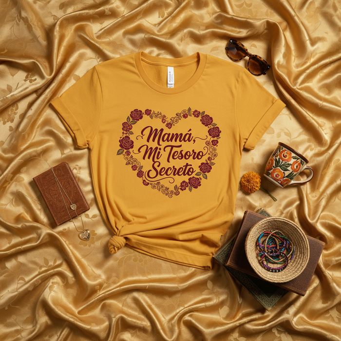 Mamá Mi Tesoro Secreto T-Shirt, Mother's Day Gift for Mom, Floral Heart Spanish Tee, Día de las Madres Present, Spanish Language Shirt, Gold Mustard Yellow Unisex Top for Mother, Latina Mom Gift Idea for Her