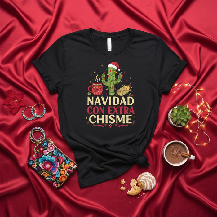 Navidad Con Extra Chisme Shirt, Funny Christmas Cactus Tee, Holiday Gossip Spanish Pun T-Shirt, Cute Mexican Xmas Family Party Top, Unisex Gift