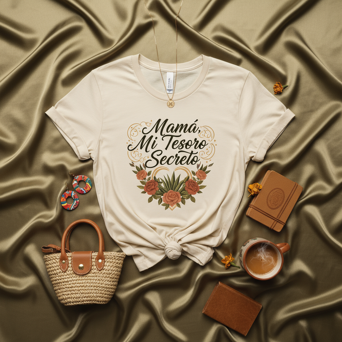 Mamá Mi Tesoro Secreto T-Shirt Corazón Floral, Camiseta Regalo del Día de la Madre, Spanish Mom Secret Treasure Tee, Ropa para Mami Hispana Latína, Regalo Cumpleaños Mujer