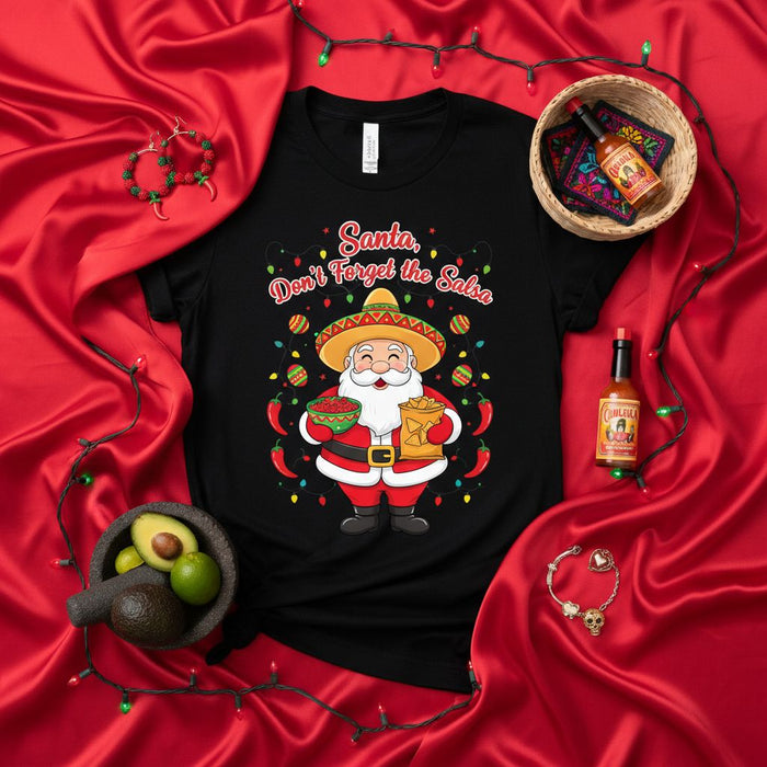 Santa Don't Forget the Salsa Christmas T-Shirt, Funny Mexican Santa Sombrero Chili Lights Festive Holiday Tee, Cinco de Mayo X-Mas Apparel, Spicy Gift for Taco Lovers
