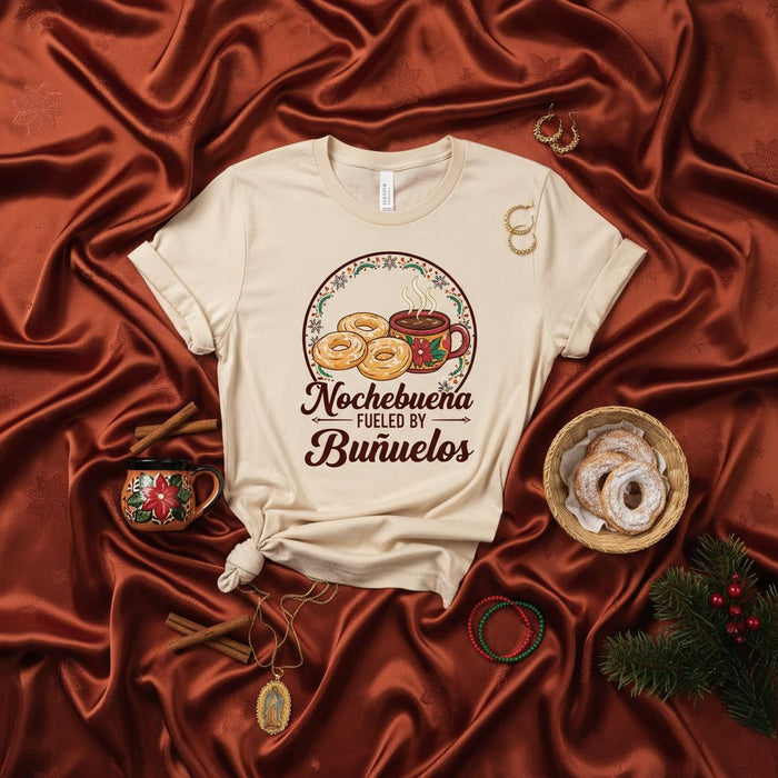 Nochebuena Fueled by Buñuelos Shirt, Christmas Holiday Donut Coffee Mug Graphic Tee, Spanish Phrase Festive Family Fiesta Unisex T-Shirt