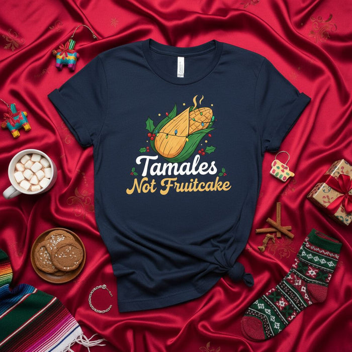 Tamales Not Fruitcake Funny Christmas T-Shirt, Holiday Tamale Lover Tee, Mexican Food Festive Shirt, Xmas Gift for Cook or Baker, Unisex Adult Apparel with Corn on Cob Design