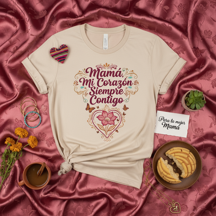 Mamá Mi Corazón Siempre Contigo Camiseta Unisex, Regalo Día de las Madres, Playera en Español con Corazón Floral y Mariposas, Ropa Latina para Mamá