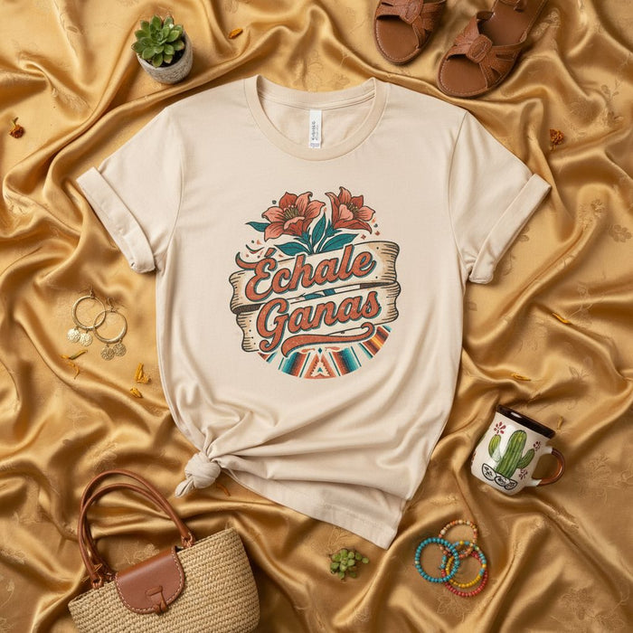 Échale Ganas T-Shirt, Mexican Floral Design Tee, Inspirational Spanish Phrase Shirt, Retro Western Style Graphic, Unisex Southwest Clothing Gift