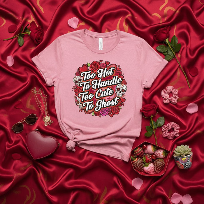 Too Hot To Handle Too Cute To Ghost Shirt, Funny Valentine's Day Sugar Skull T-Shirt, Galentine's Day Gift Tee, Sarcastic Love Heart Rose Graphic Shirt for Women, Cute Spooky Ghost Apparel