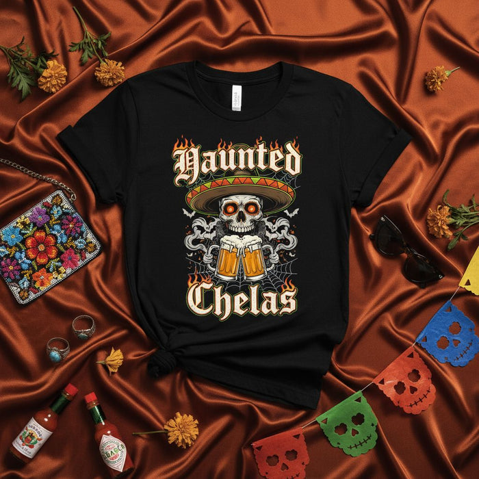 Camiseta de fiesta de Halloween para hombres y mujeres, cráneo de Día de Muertos con sombrero y cerveza, camiseta gráfica divertida de esqueleto bebiendo Día de Muertos, Chelas Embrujadas