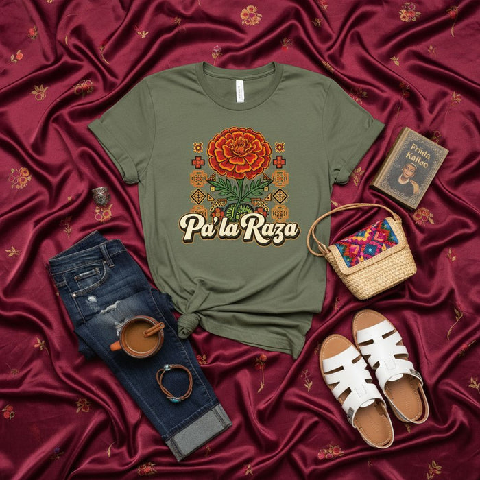 Pa' la Raza Marigold Flower T-Shirt, Cempasúchil Aztec Style Graphic Tee, Dia de los Muertos, Cultura, Chicana Latina Gift, Unisex Olive Green Shirt