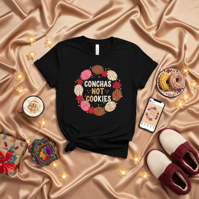 Conchas Not Cookies Mexican Sweet Bread Shirt, Pan Dulce Concha Wreath Unisex T-Shirt, Latinx Foodie Gift, Navidad Christmas Fiesta Apparel